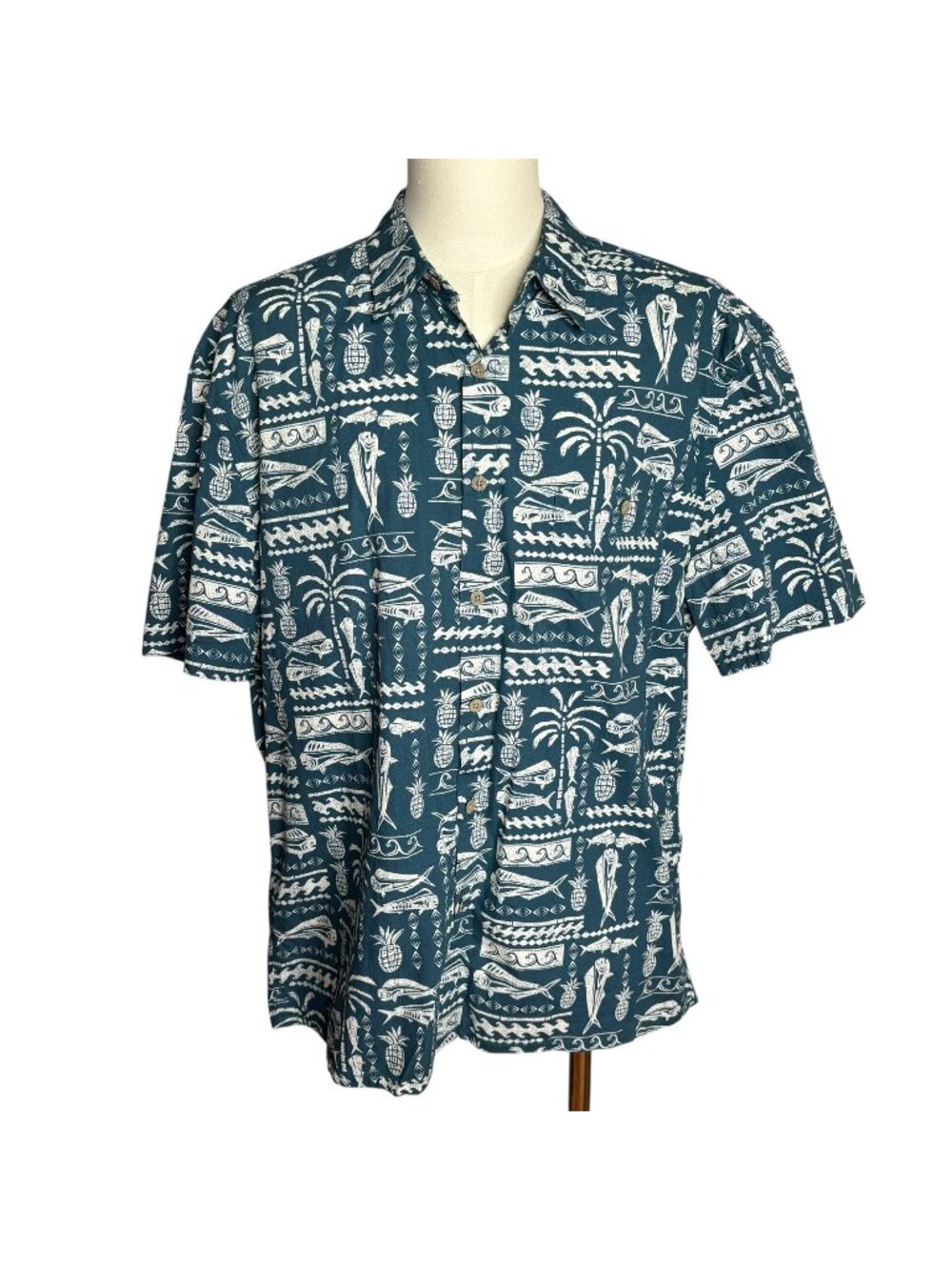 Island Shores Button Up Hawaiian Camp Shirt L Green Short Sleeve Pocket Cotton